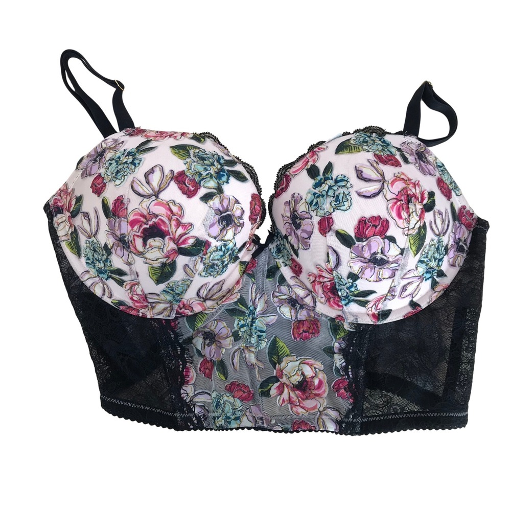 Victoria's Secret Floral‎ Mesh Longline Corset Bra Black Lace 36DD NWT